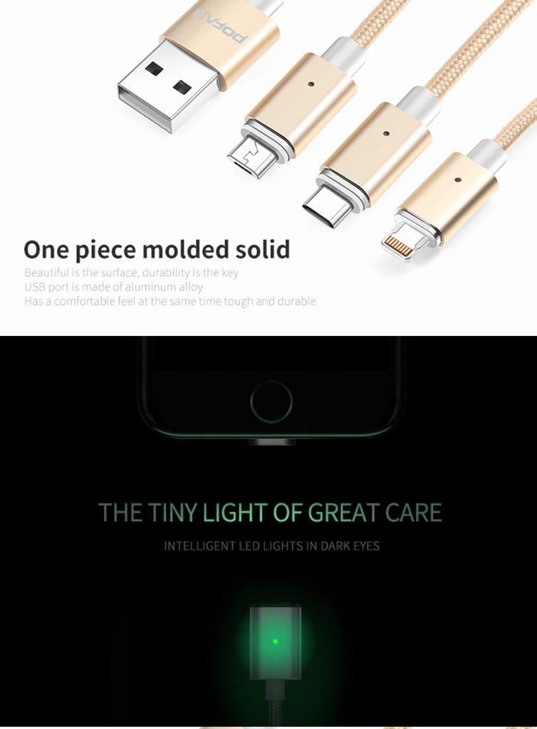 Handige Magnetische usb oplaadkabel met LED - Micro usb / iPhone / Usb Typ C, 1m