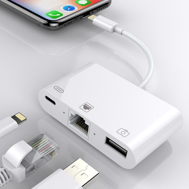 iPhone/iPad hub van lightning naar Ethernet + USB + Lightning